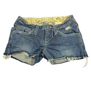 Stitch's Chekore Denim Shorts Women 25 Blue Distressed Low Rise Cutoff Stretch